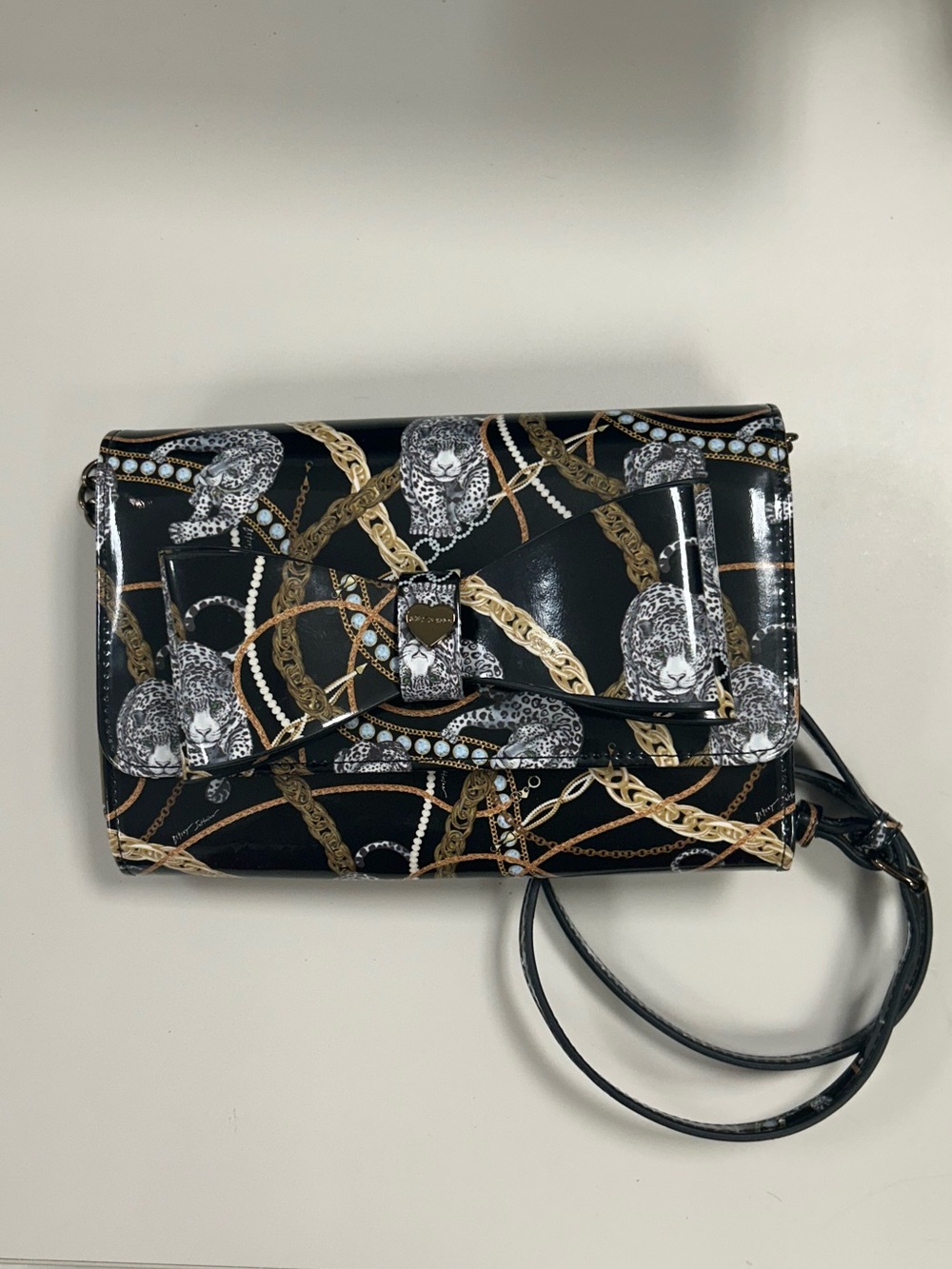 Betesy Johnson Patent Leopard Chain Print Crossbody Bag